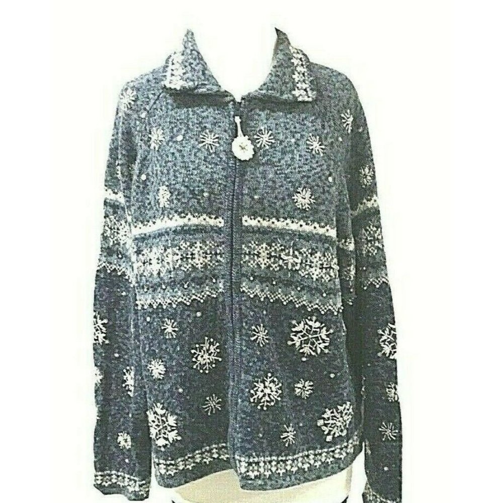 Tiara International 2004 Womens Blue Nordic Snowflake Beaded Zipper Sweater XL